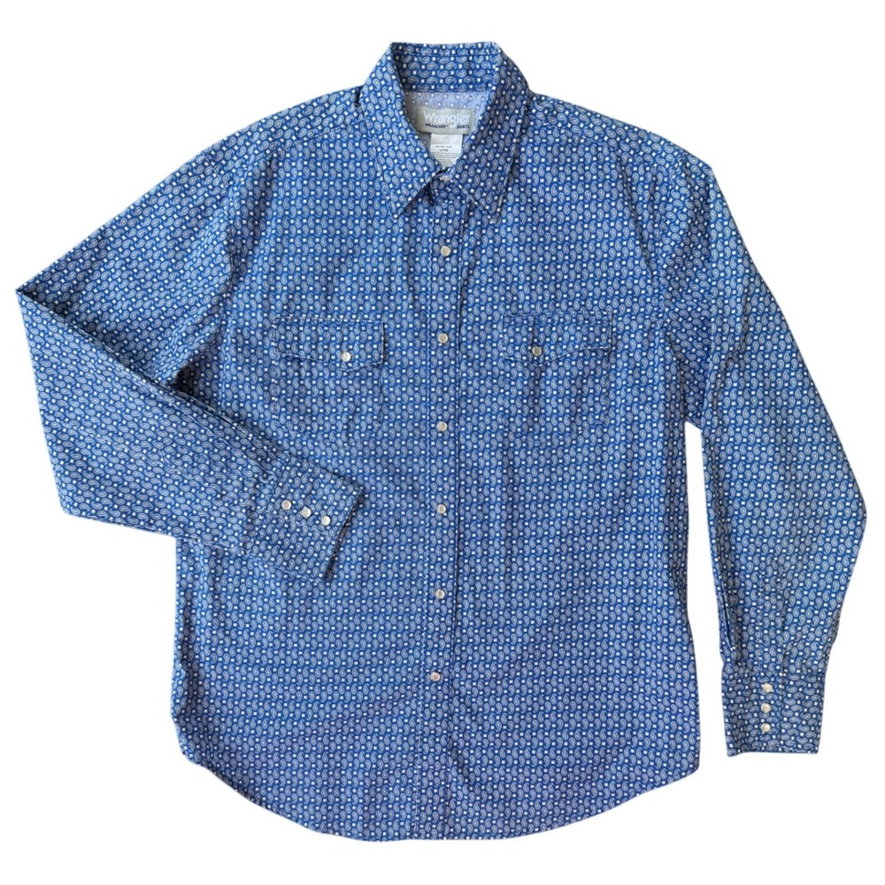 Wrangler Wrancher Western Shirt Men's Large Blue Paisley Snap Front Long Sleeve